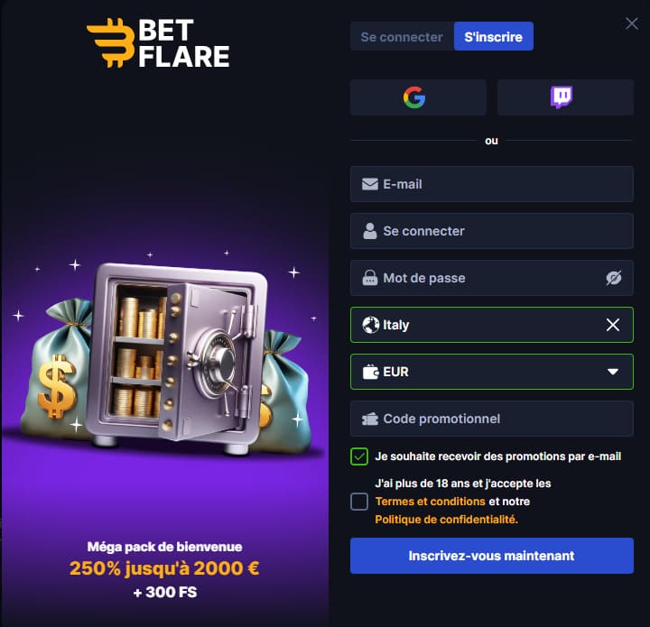 BetFlare Casino inscription